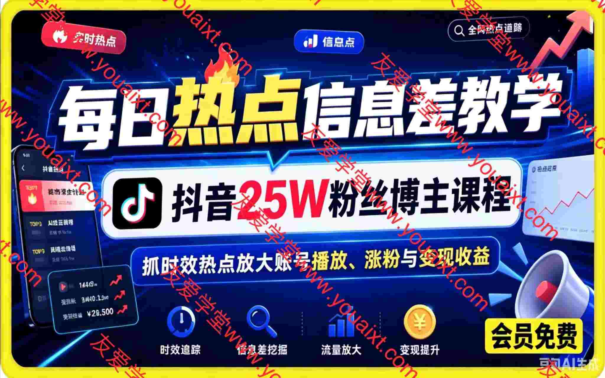 每日热点信息差教学,抖音25W粉丝博主课程,抓时效热点放大账号播放、涨粉与变现收益