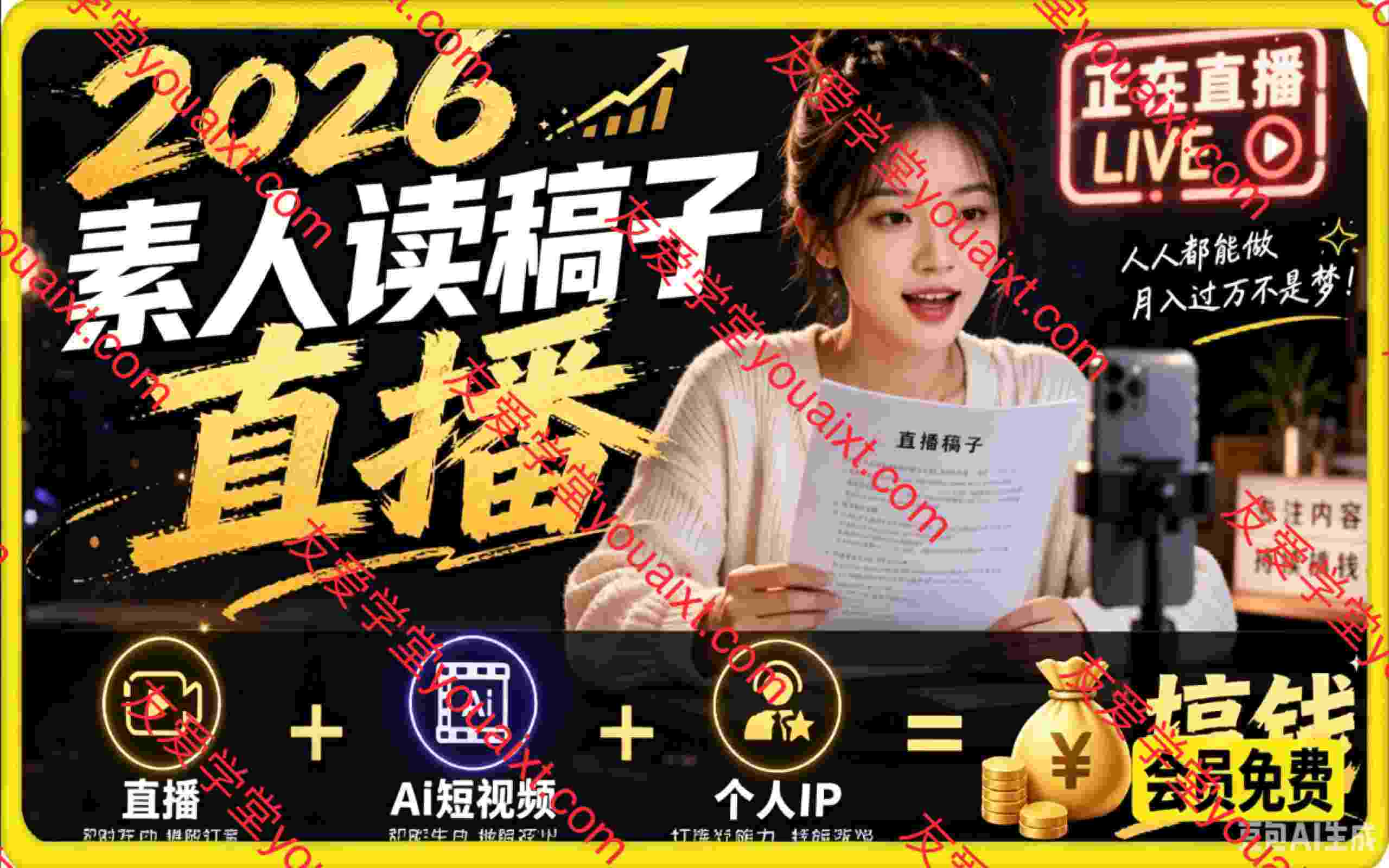 2026 素人读稿直播实战课|直播 + AI 短视频 + 个人 IP,三维搞钱全教学