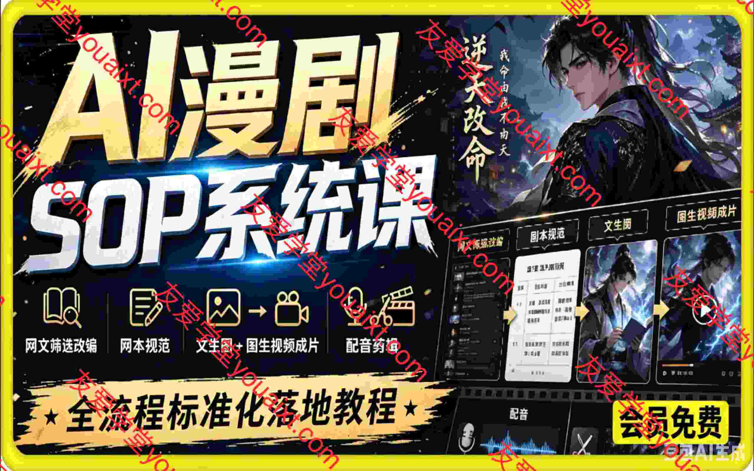 AI漫剧SOP系统课:网文筛选改编、剧本规范、文生图图生视频成片、配音剪辑全流程标准化落地教程