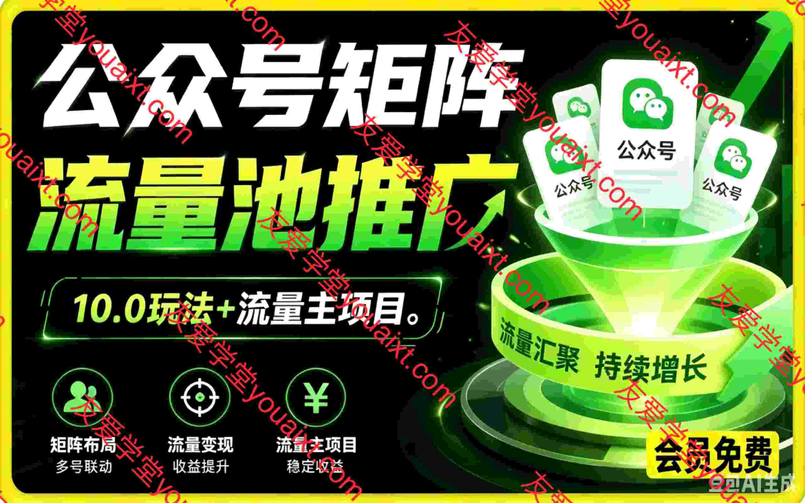 公众号矩阵流量池推广10.0实战玩法+流量主项目,搜一搜关键词排名、AI批量写文、多账号合规运营、流量主多元变现全体系教程