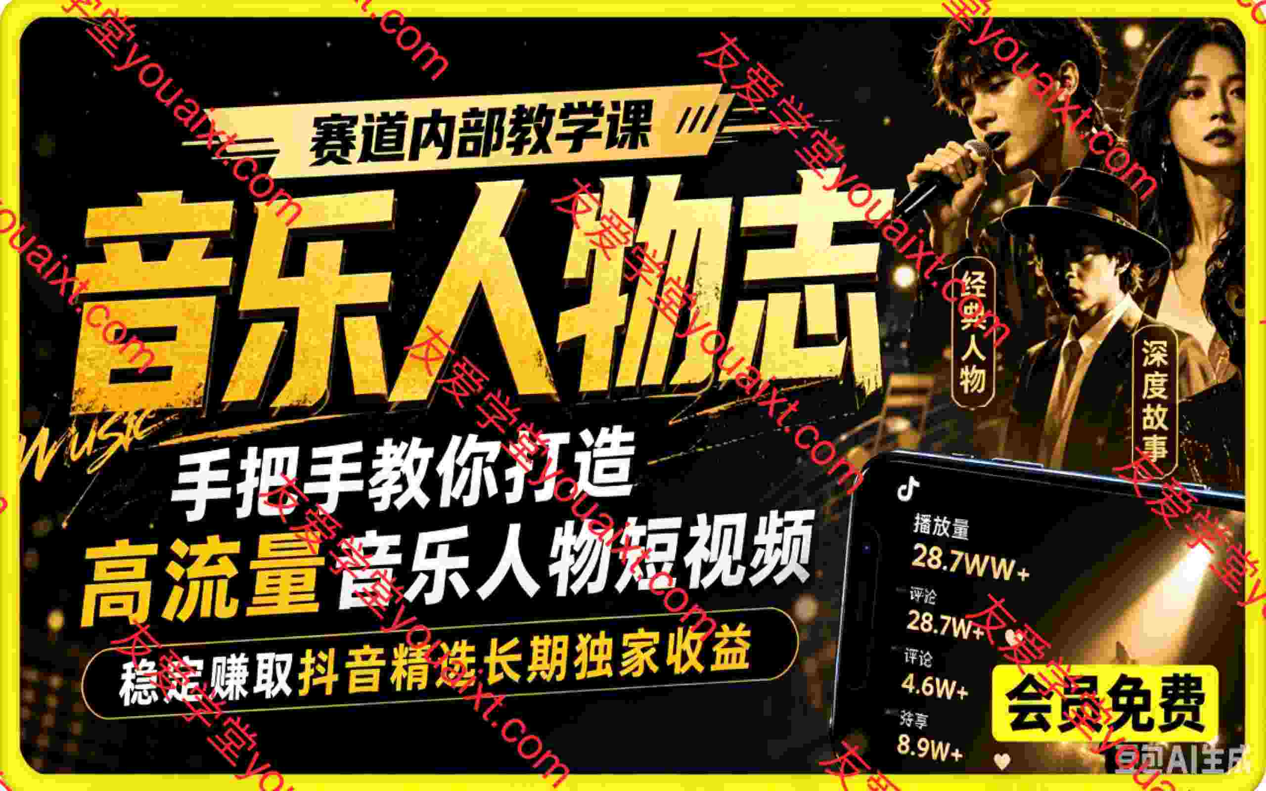 音乐人物志赛道内部教学课，手把手教你打造高流量音乐人物短视频，稳定赚取抖音精选长期独家收益