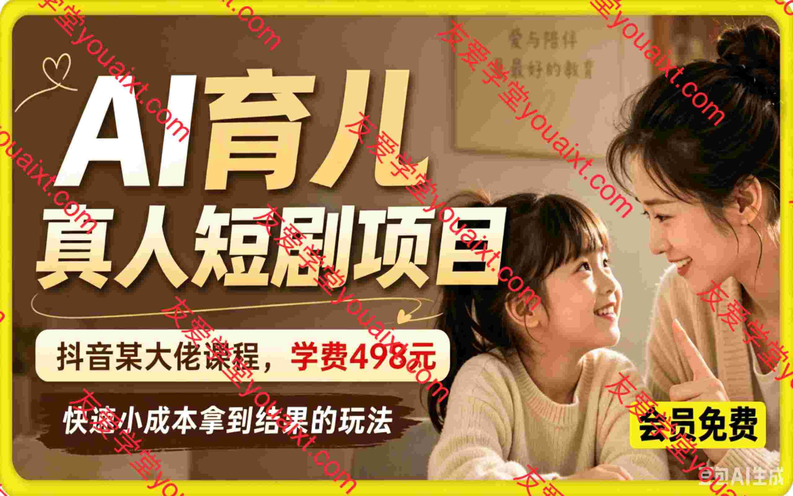 AI育儿真人短剧项目，抖音某大佬课程学费498元，快速小成本拿到结果的玩法，可以做精选独家收益、伙伴计划、接商单、收徒等