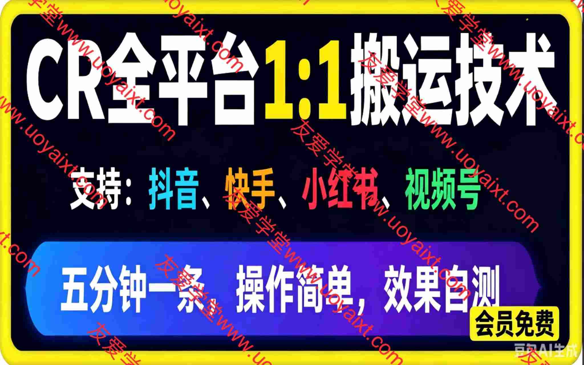 最新CR全平台1比1搬运技术,支持:抖音、快手、小红书、视频号。五分钟分钟一条,操作简单,2026年最新技术,效果自测(教程+软件+参数)