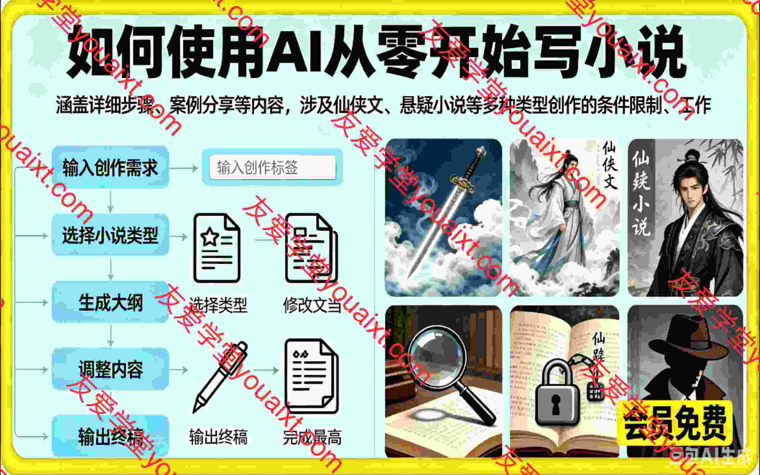 如何使用AI从零开始写小说,涵盖详细步骤、案例分享等内容,涉及仙侠文、悬疑小说等多种类型创作的条件限制、工作流程、输出格式和建议