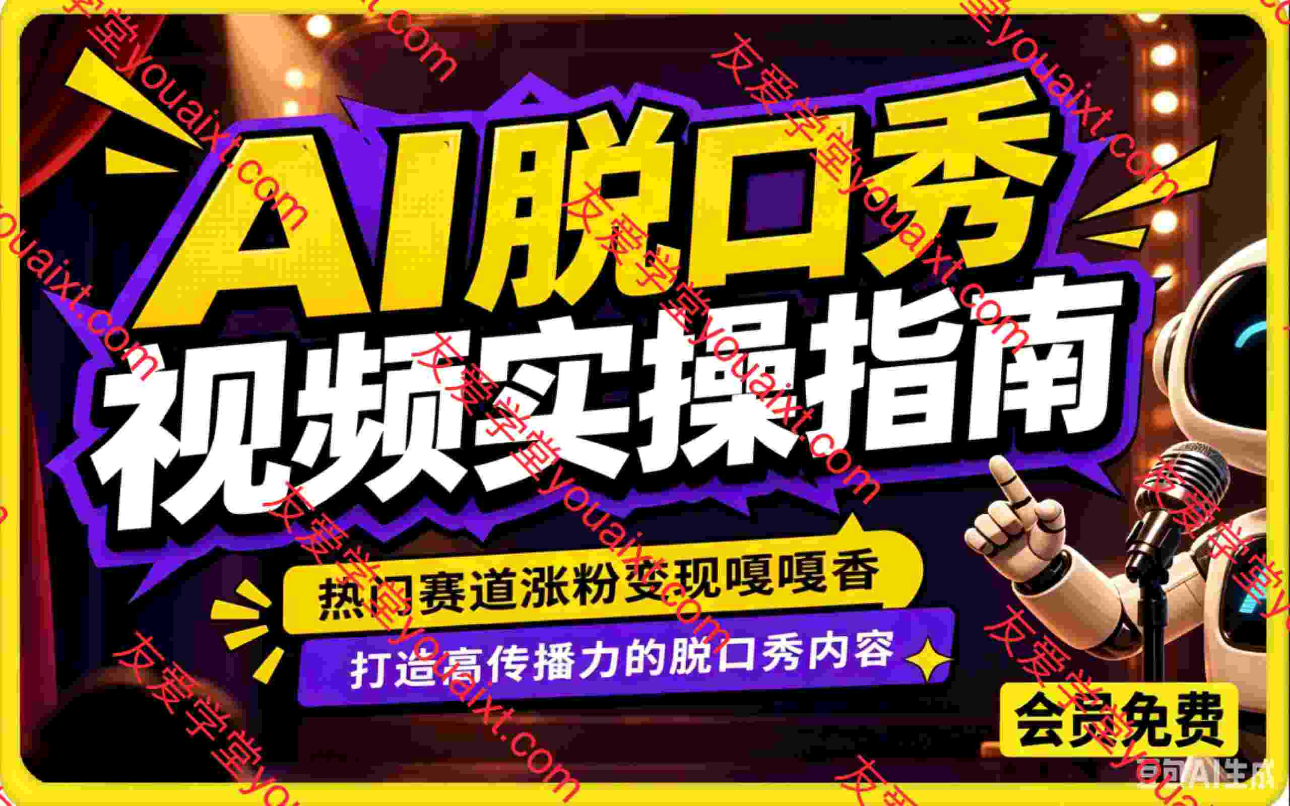 AI脱口秀视频实操指南,其他小字:热门赛道涨粉变现嘎嘎香,打造高传播力的脱口秀内容