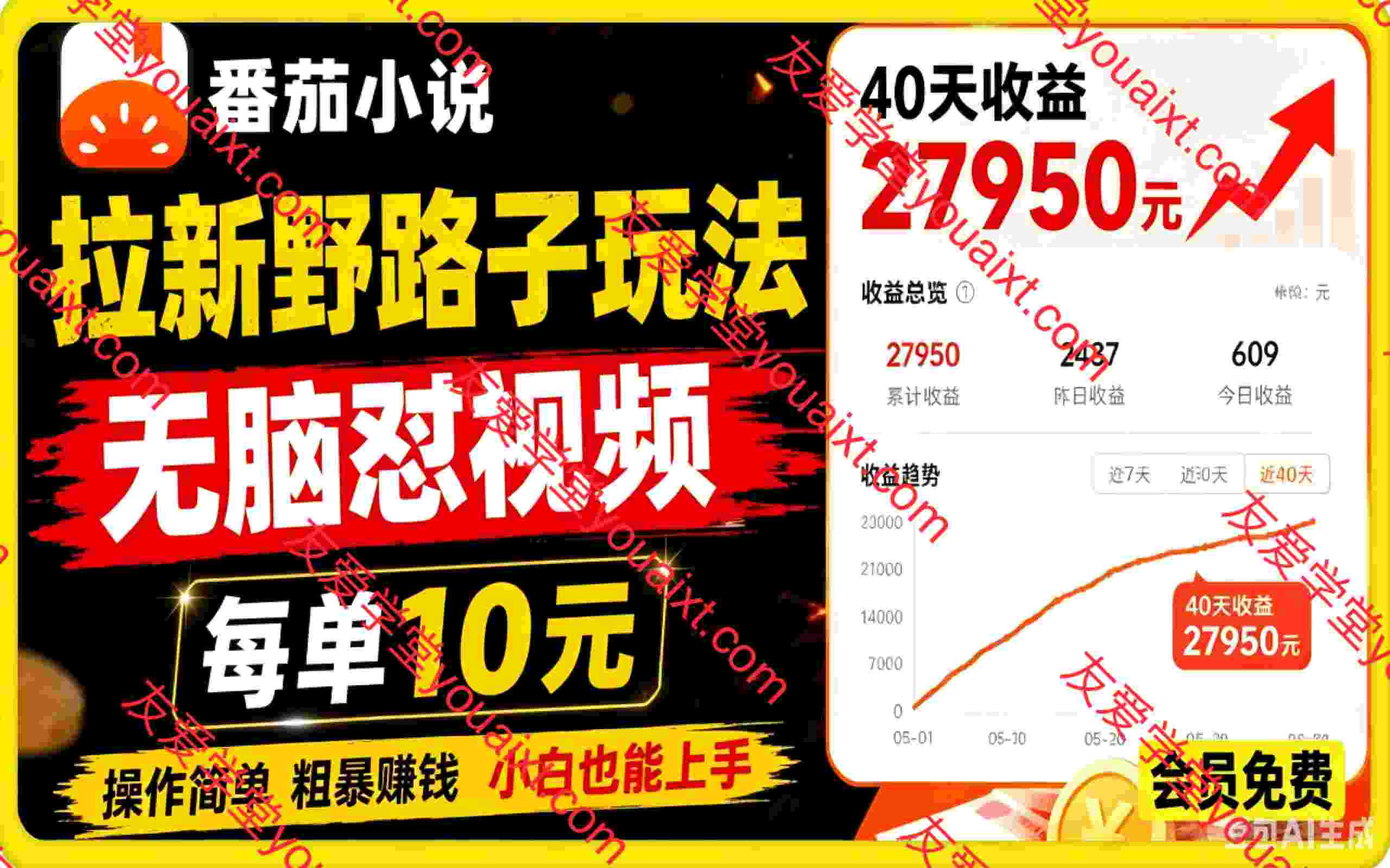 番茄小说拉新野路子玩法,无脑怼视频,每单10元,40天收益27950