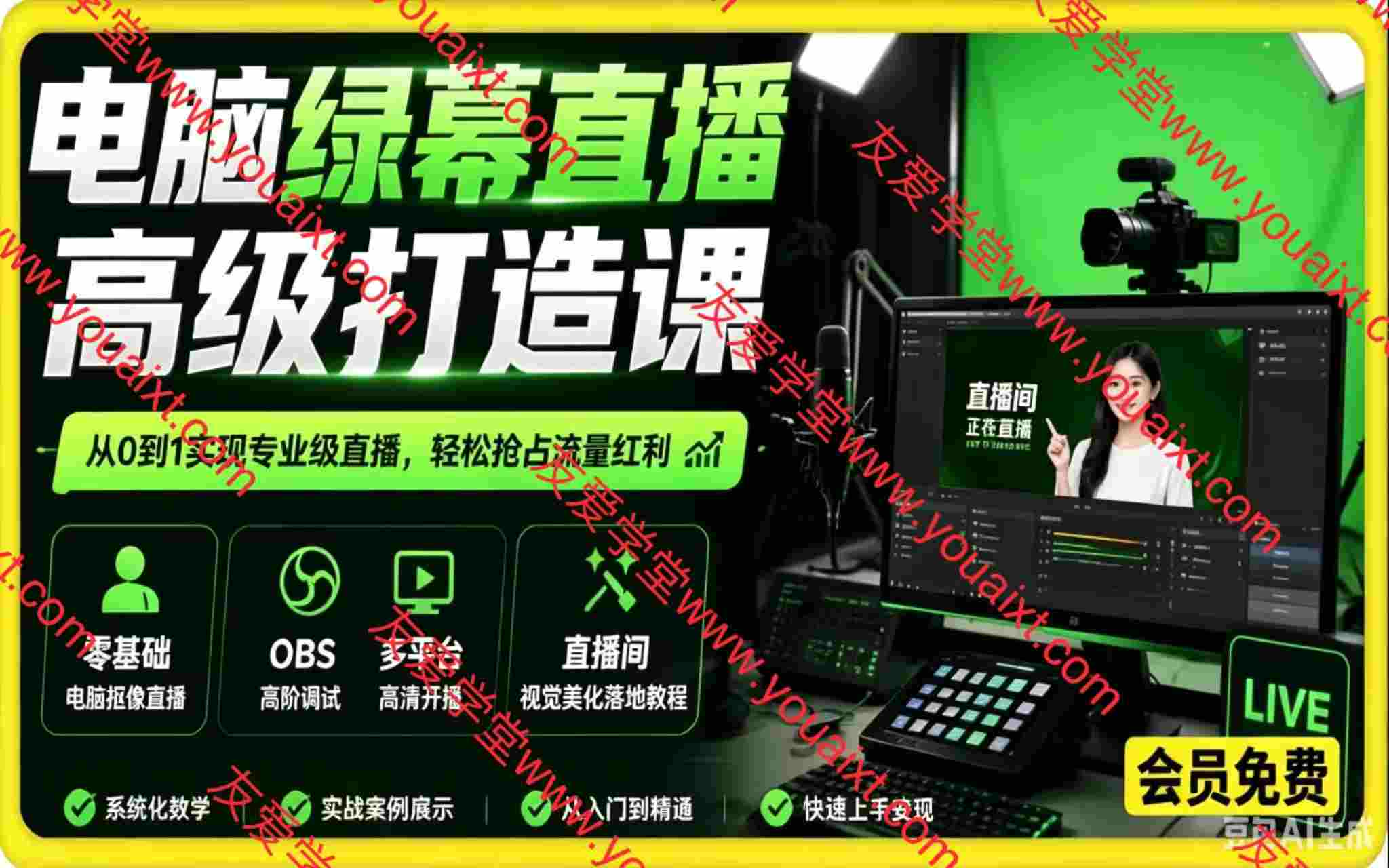 视频号绿幕半无人直播带货实战课：0基础不露脸起号、手机电脑双端开播、矩阵多平台变现、AI数字人全自动直播