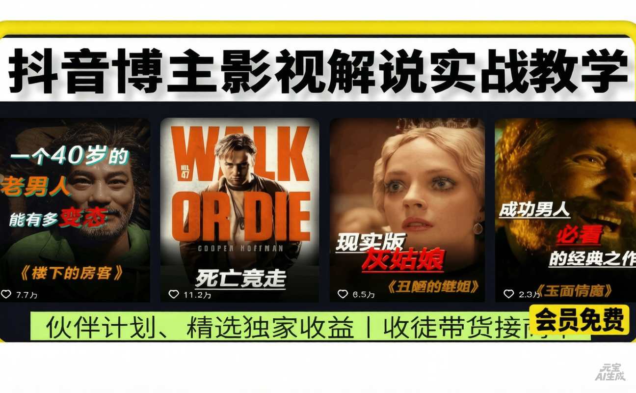 抖音博主影视解说实战教学， 伙伴计划、精选独家收益丨收徒带货接商单