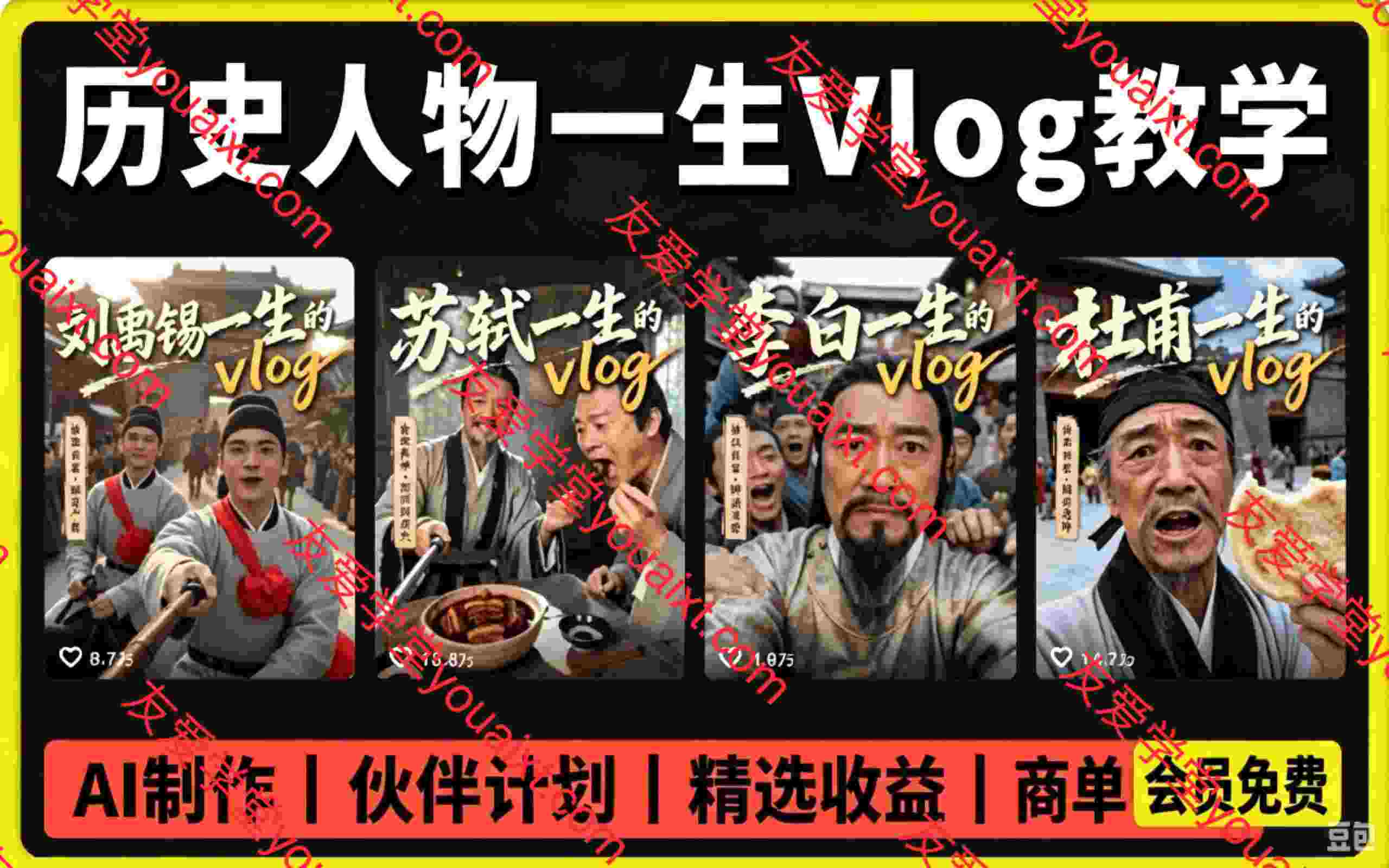 历史人物,诗人一生Vlog教学, AI制作丨伙伴计划丨精选收益丨商单收徒 ,新领域红利期,抓紧做